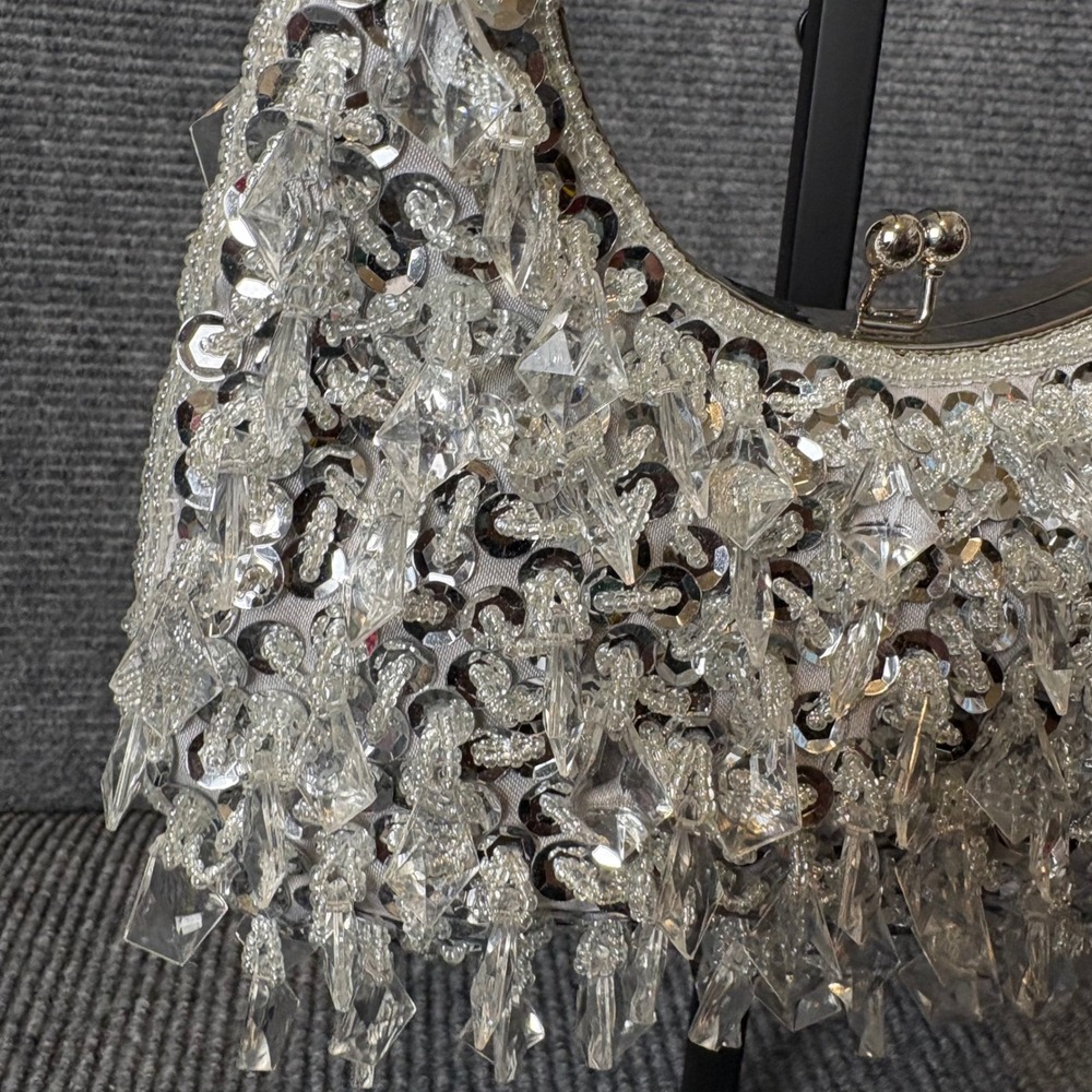 Silver Beaded Crystal Evening Bag Kiss Lock Clutch Purse Y2K Prom Wedding Glam - Picture 2 of 6